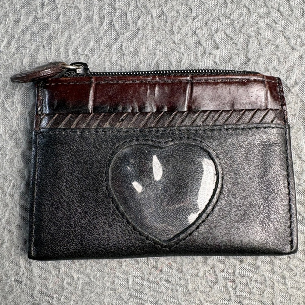 Brighton Black Leather Card Case Brown Croc Trim Heart ID Window Zipper Pouch